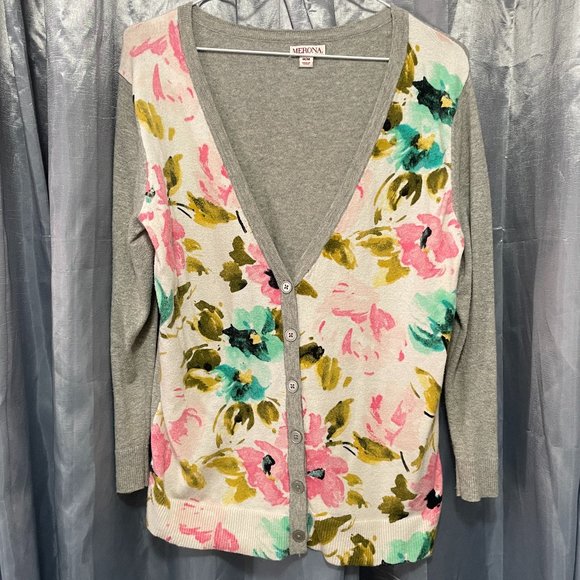 MERONA Grey, Pink, & Aqua Floral Cardigan Sz M - Picture 1 of 6